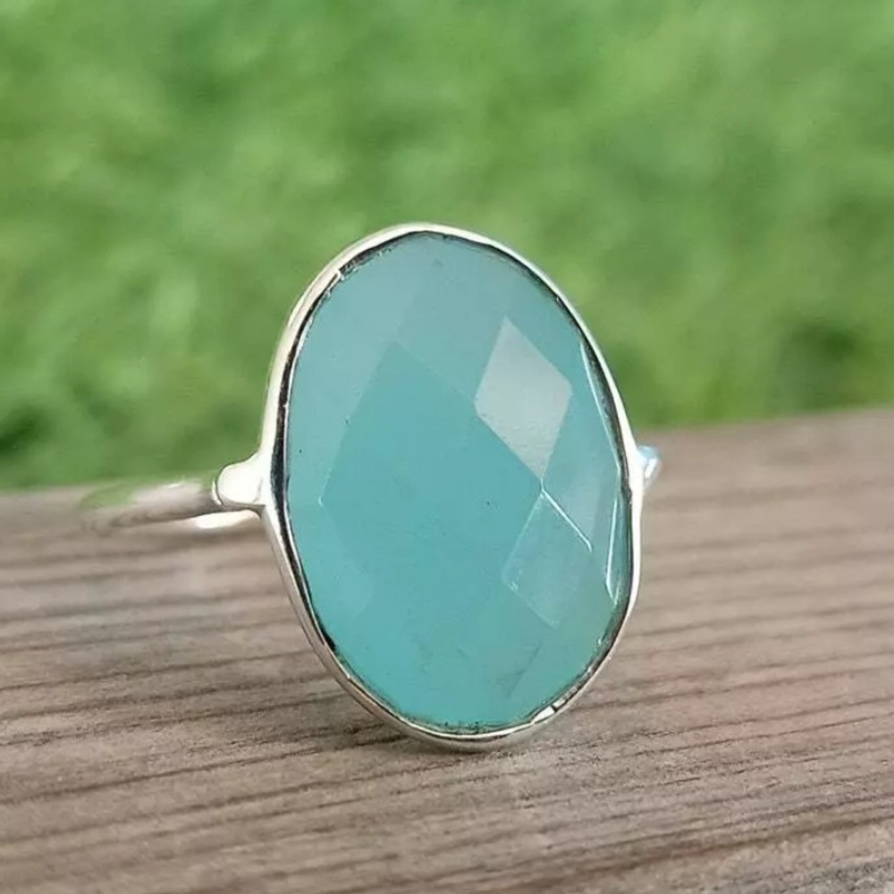 Natural Aqua Calcy‎ Ring, Vintage Blue 925 Sterling Silver Ring,Handmade Ring 💍